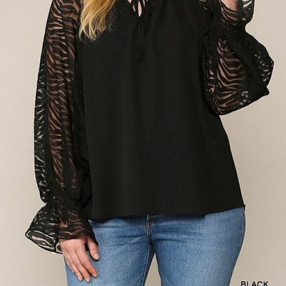 Plus size zebra burnout‎ sleeve ruffled neck bubble crepe blouse - Picture 4 of 5